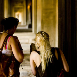 Girls finding their way through an ancient place