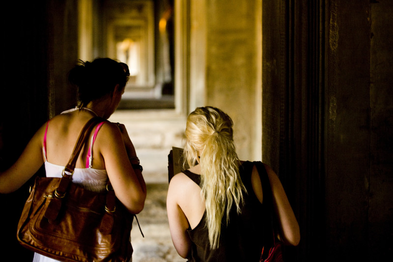 Girls finding their way through an ancient place